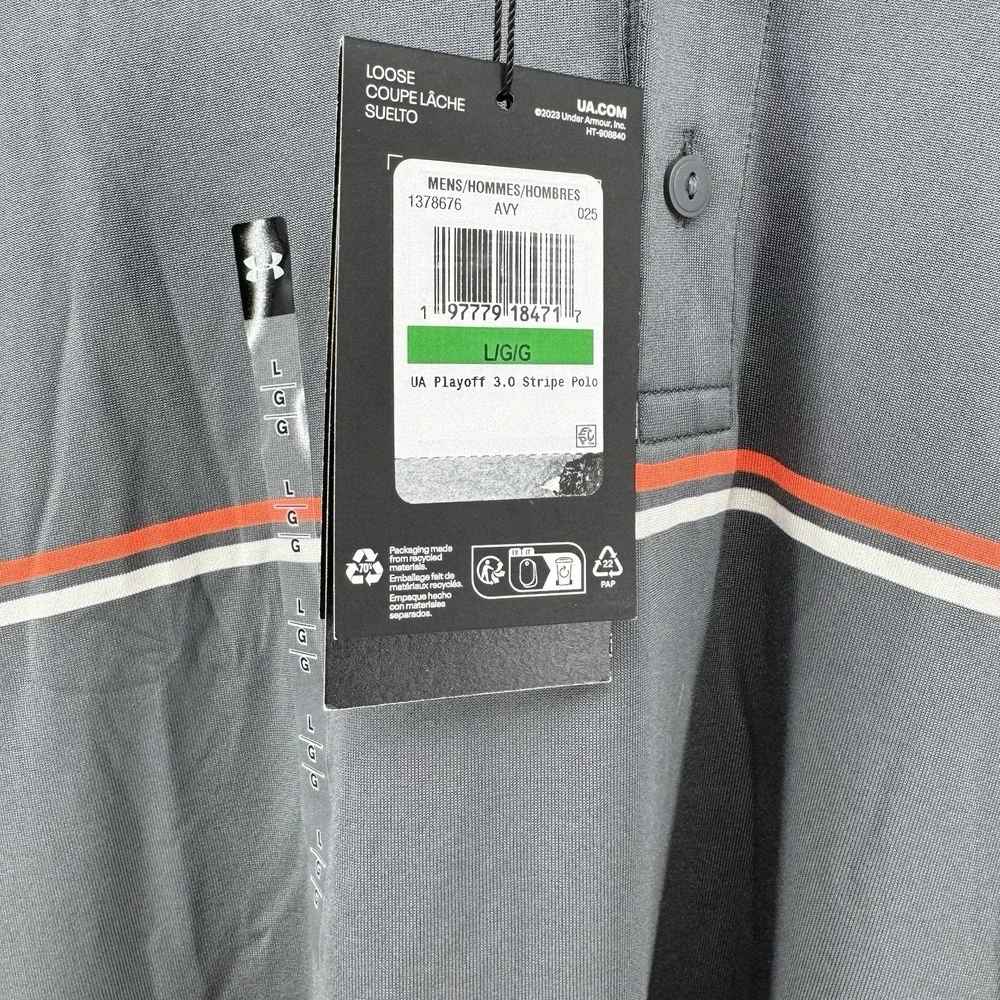 NEW‎ Under Armour Playoff Polo Large Shirt Golf Gray Orange UA 3.0 Stripe Polo